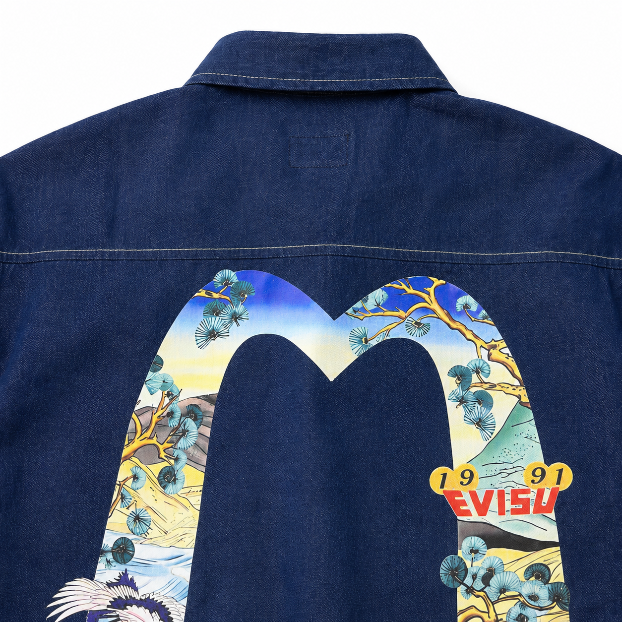 EVISU "Pine and Crane" Large "M" Print Long-Sleeve Denim Shirt