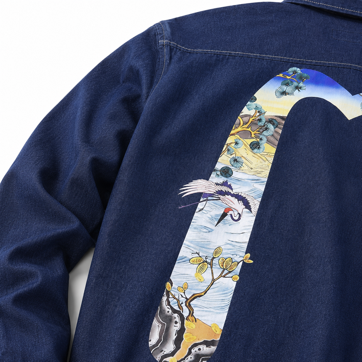 EVISU "Pine and Crane" Large "M" Print Long-Sleeve Denim Shirt