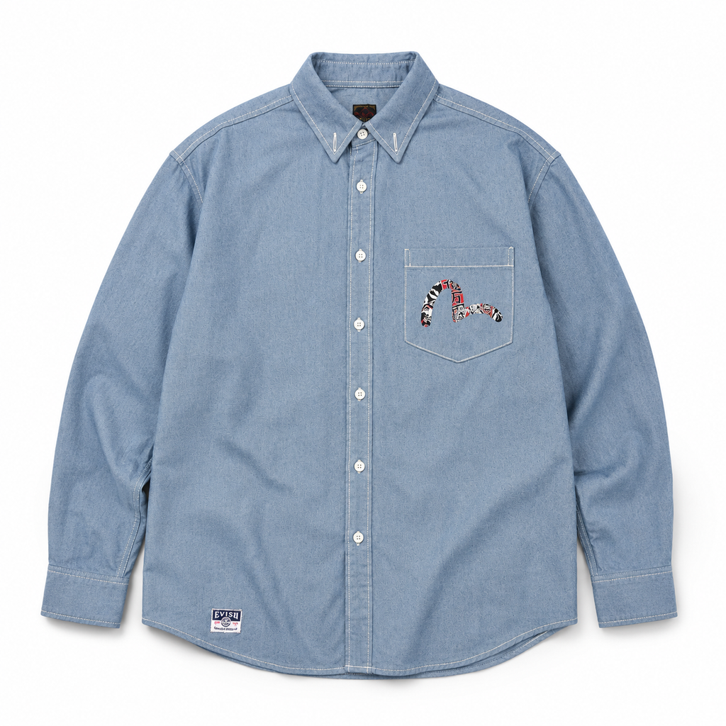 EVISU "Daikokuten" Theme Long-Sleeve Denim Shirt with Large "M" Print