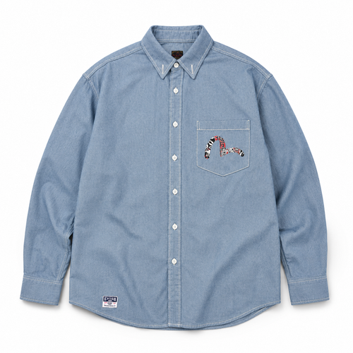 EVISU "Daikokuten" Theme Long-Sleeve Denim Shirt with Large "M" Print