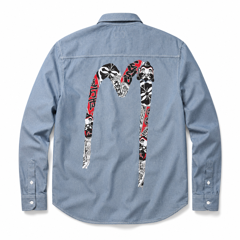EVISU "Daikokuten" Theme Long-Sleeve Denim Shirt with Large "M" Print