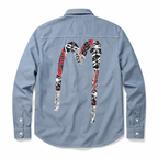 EVISU "Daikokuten" Theme Long-Sleeve Denim Shirt with Large "M" Print