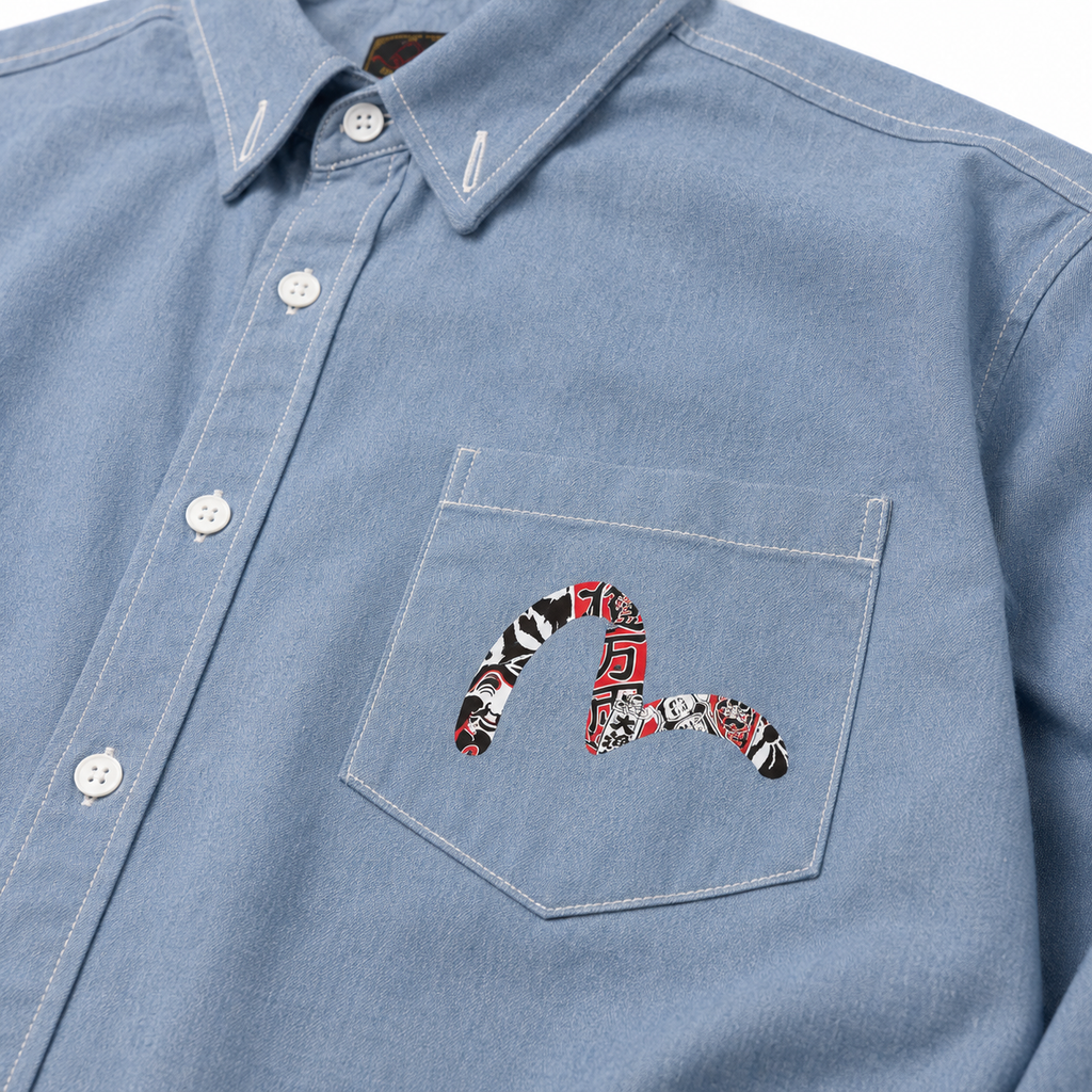 EVISU "Daikokuten" Theme Long-Sleeve Denim Shirt with Large "M" Print