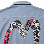 EVISU "Daikokuten" Theme Long-Sleeve Denim Shirt with Large "M" Print