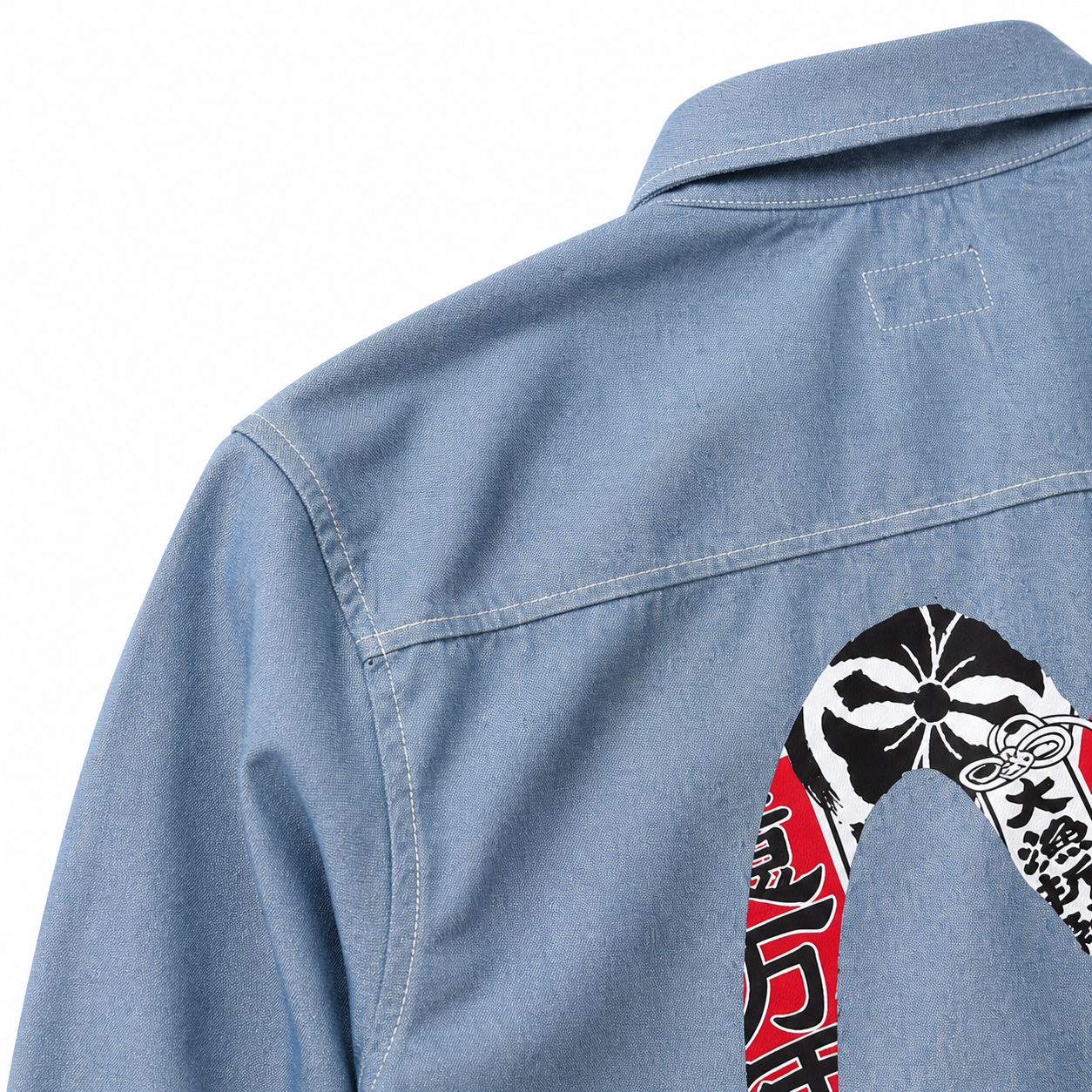 EVISU "Daikokuten" Theme Long-Sleeve Denim Shirt with Large "M" Print