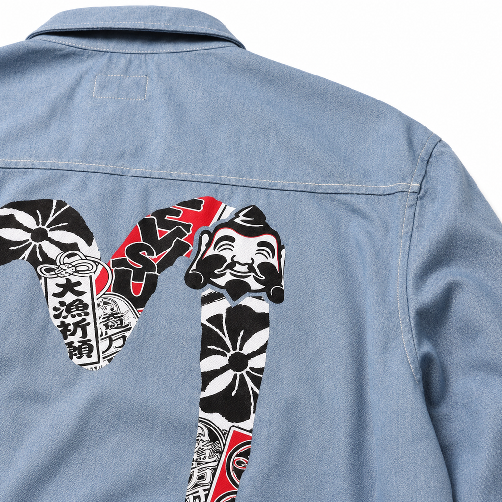 EVISU "Daikokuten" Theme Long-Sleeve Denim Shirt with Large "M" Print