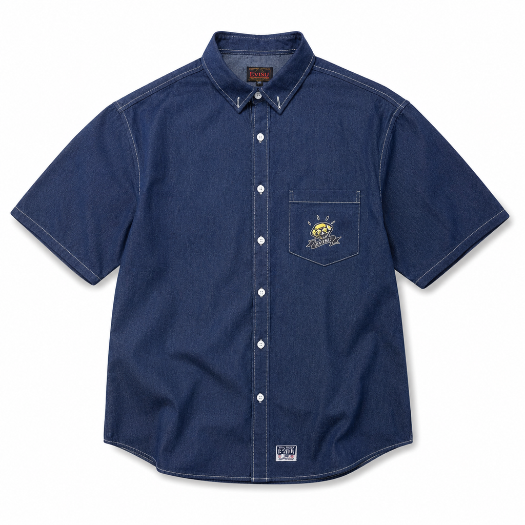 EVISU "Daruma Treasure Pot" Print Series Short-Sleeve Denim Shirt