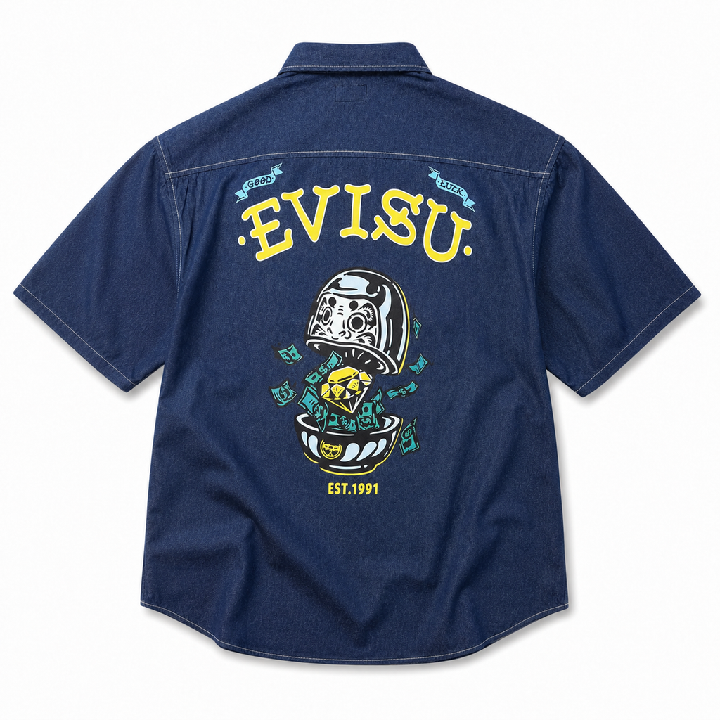 EVISU "Daruma Treasure Pot" Print Series Short-Sleeve Denim Shirt