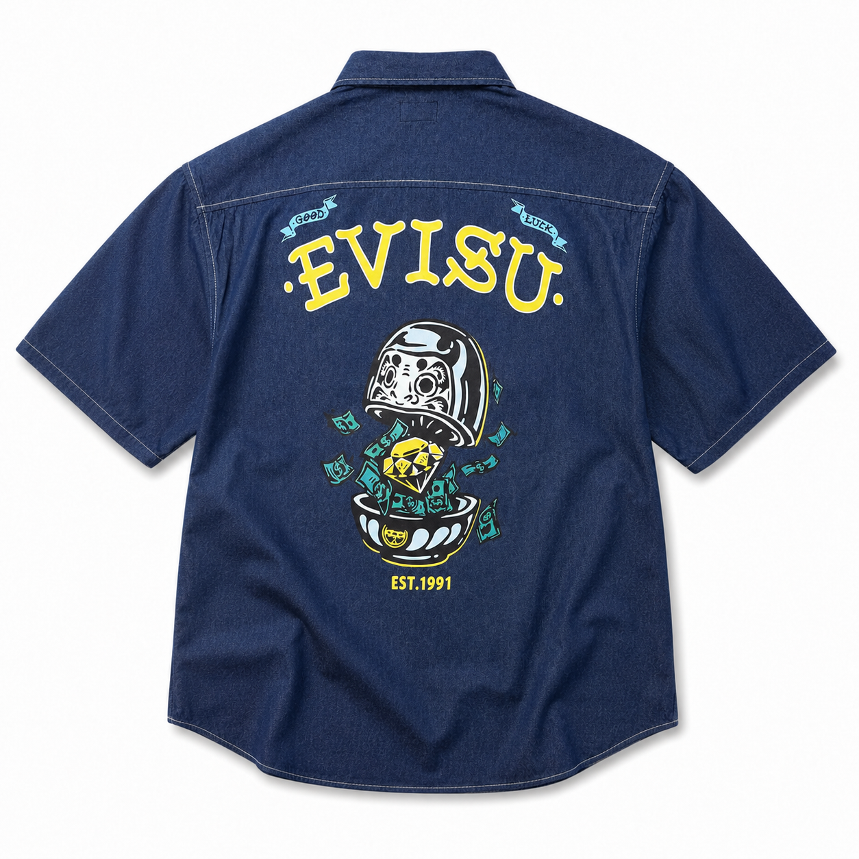 EVISU "Daruma Treasure Pot" Print Series Short-Sleeve Denim Shirt