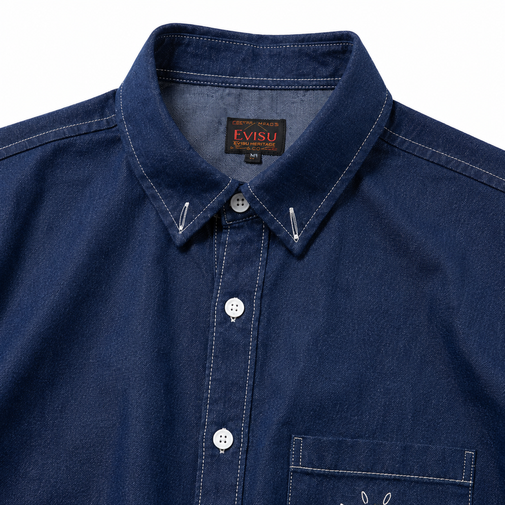 EVISU "Daruma Treasure Pot" Print Series Short-Sleeve Denim Shirt