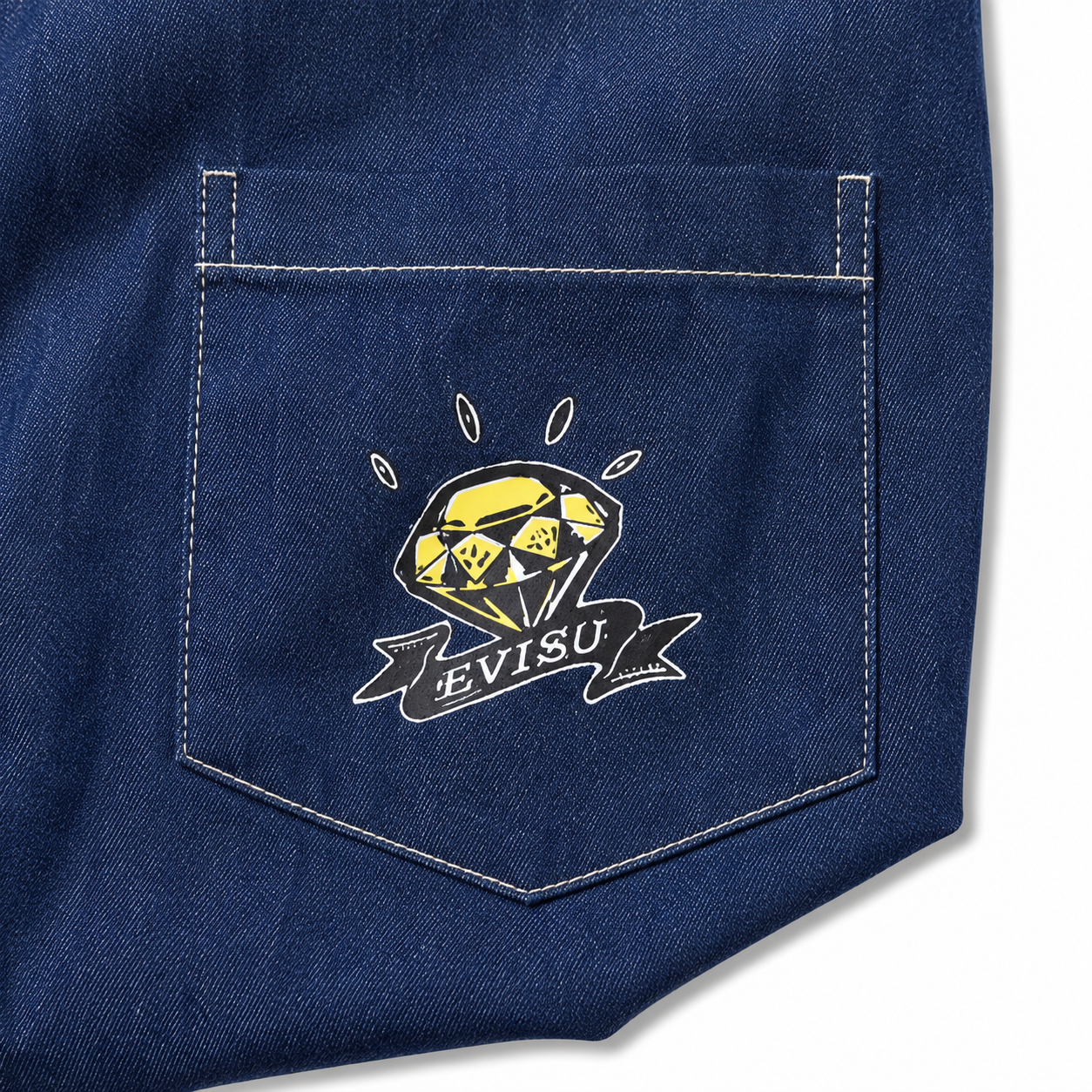 EVISU "Daruma Treasure Pot" Print Series Short-Sleeve Denim Shirt