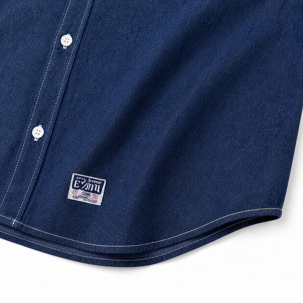 EVISU "Daruma Treasure Pot" Print Series Short-Sleeve Denim Shirt