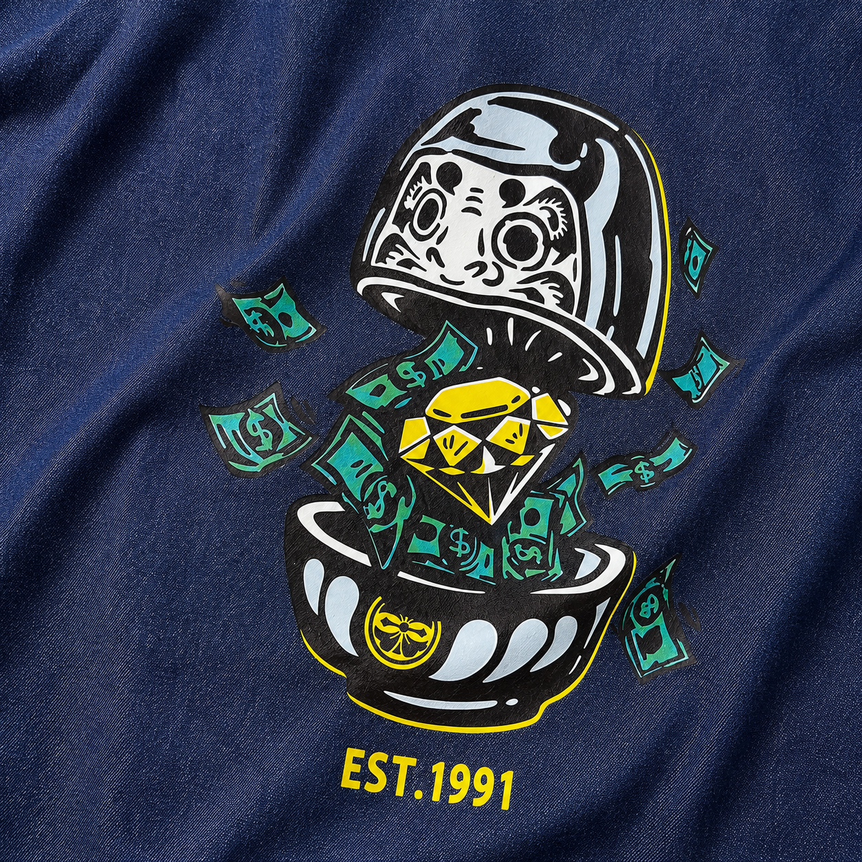 EVISU "Daruma Treasure Pot" Print Series Short-Sleeve Denim Shirt