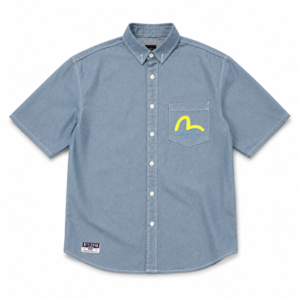 EVISU "Daruma Comic Panel" Print Short-Sleeve Denim Shirt