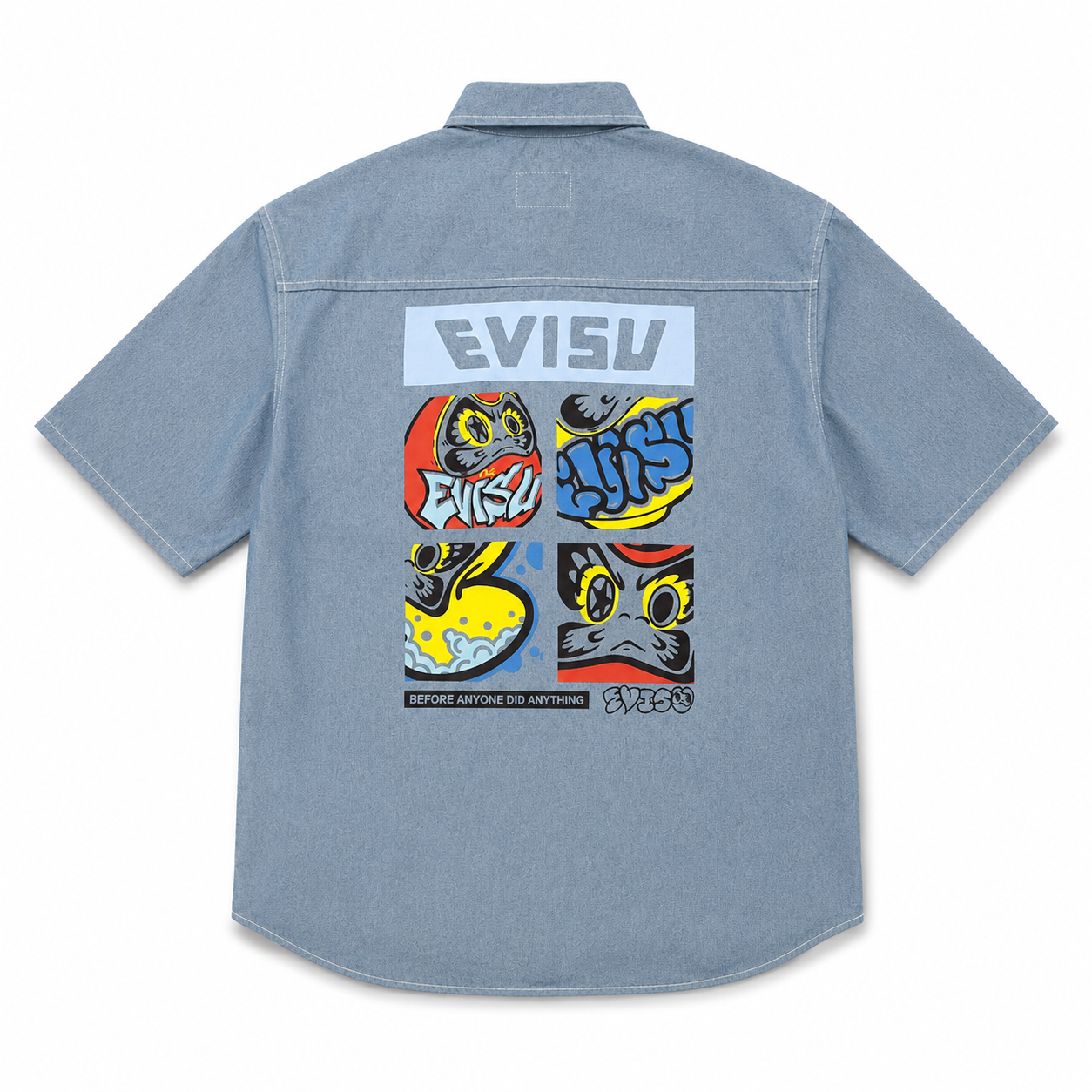 EVISU "Daruma Comic Panel" Print Short-Sleeve Denim Shirt
