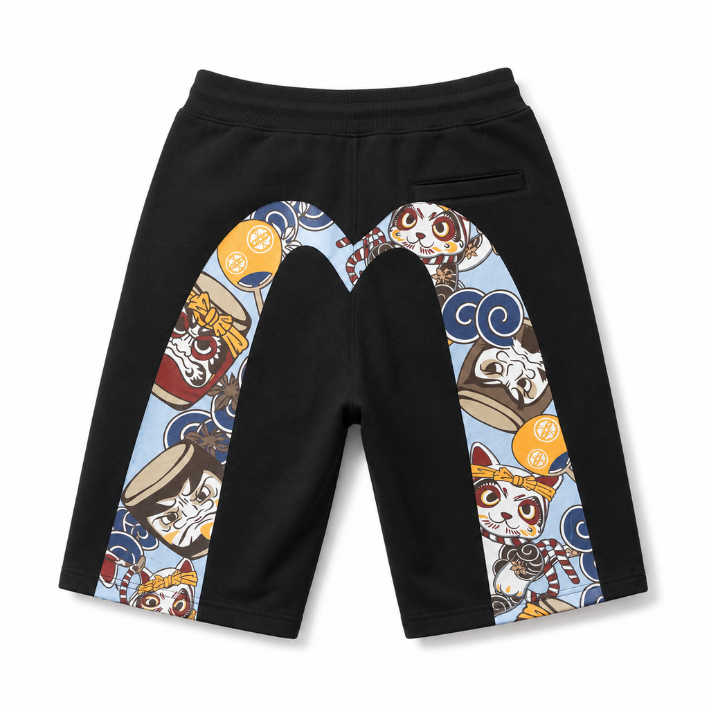 EVISU (Fukujin) brand "Taiko Daruma and Maneki-neko" printed athletic shorts