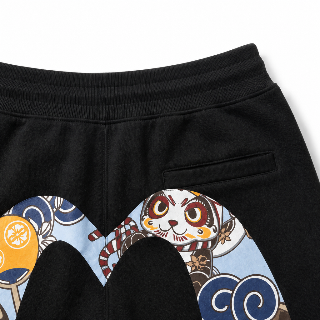 EVISU (Fukujin) brand "Taiko Daruma and Maneki-neko" printed athletic shorts
