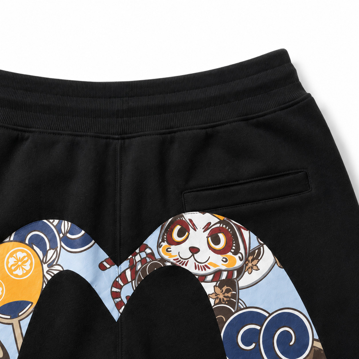 EVISU (Fukujin) brand "Taiko Daruma and Maneki-neko" printed athletic shorts