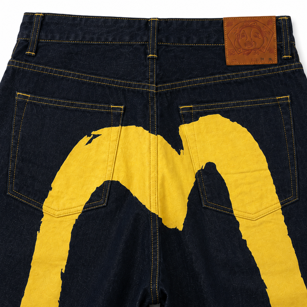 EVISU Denim Shorts with "Gold Big M" Print