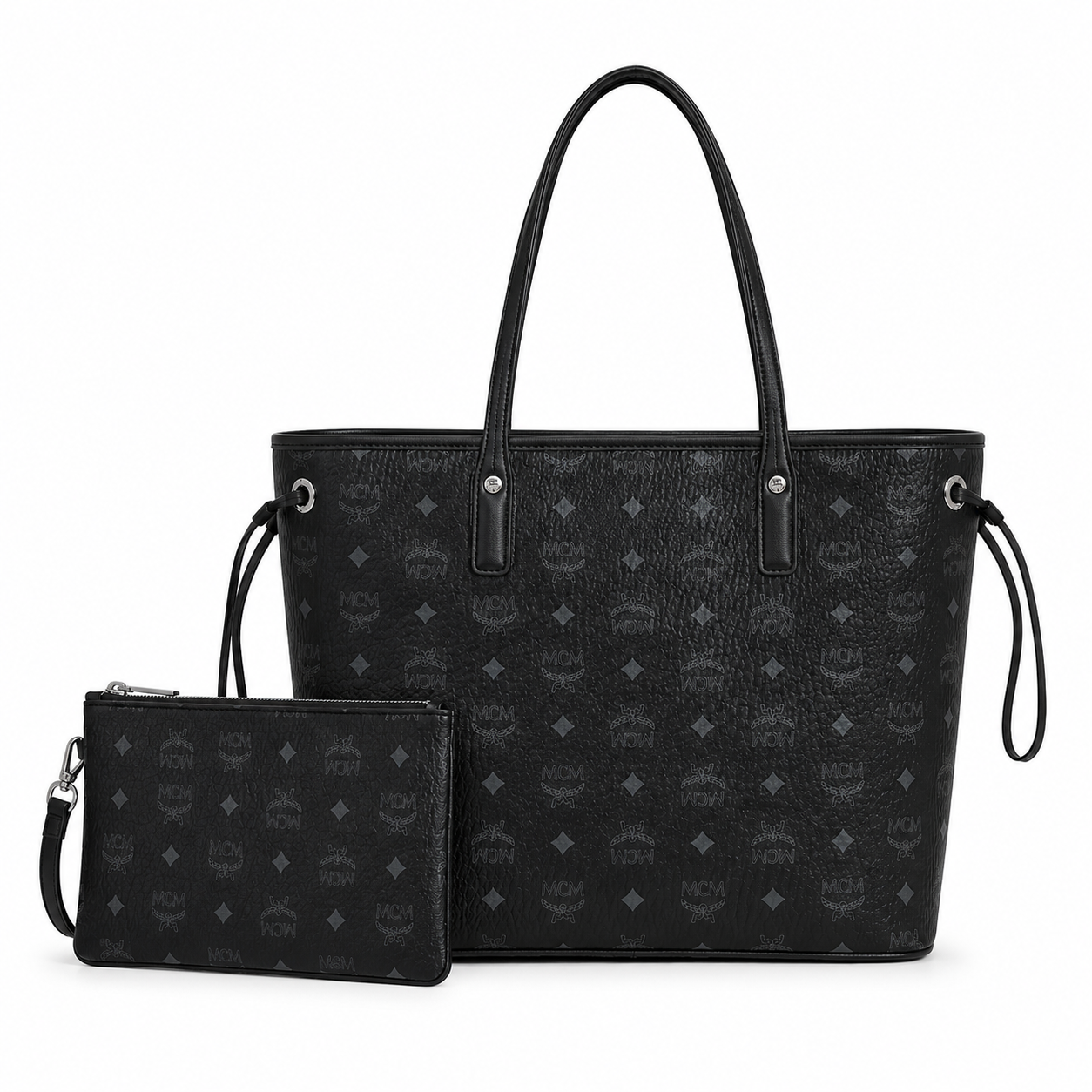 MCM Liz Visetos Tote Bag – Black Monogram, Large Capacity, Detachable Pouch, Adjustable Drawstring