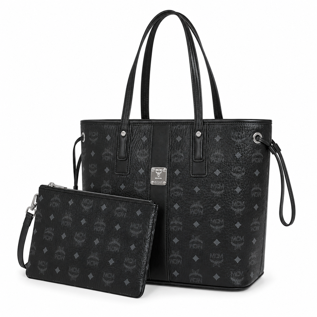 MCM Liz Visetos Tote Bag – Black Monogram, Large Capacity, Detachable Pouch, Adjustable Drawstring