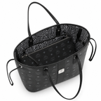 MCM Liz Visetos Tote Bag – Black Monogram, Large Capacity, Detachable Pouch, Adjustable Drawstring