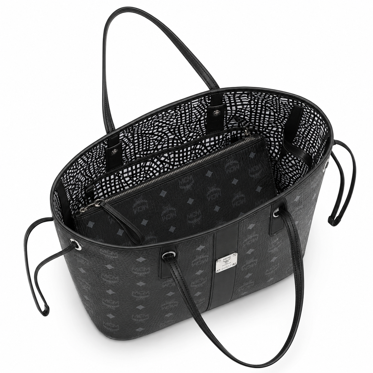 MCM Liz Visetos Tote Bag – Black Monogram, Large Capacity, Detachable Pouch, Adjustable Drawstring