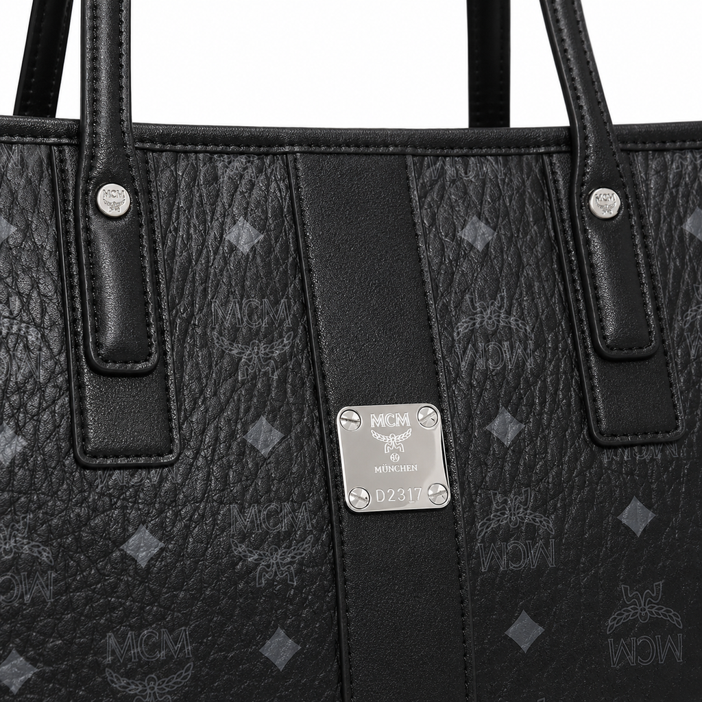 MCM Liz Visetos Tote Bag – Black Monogram, Large Capacity, Detachable Pouch, Adjustable Drawstring