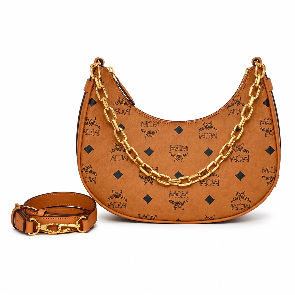 MCM Aren Visetos Crescent Bag – Cognac Monogram, Gold Chain Strap, Mini Hobo