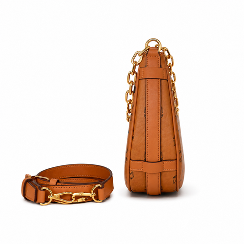 MCM Aren Visetos Crescent Bag – Cognac Monogram, Gold Chain Strap, Mini Hobo