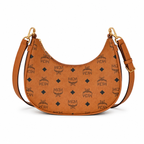 MCM Aren Visetos Crescent Bag – Cognac Monogram, Gold Chain Strap, Mini Hobo