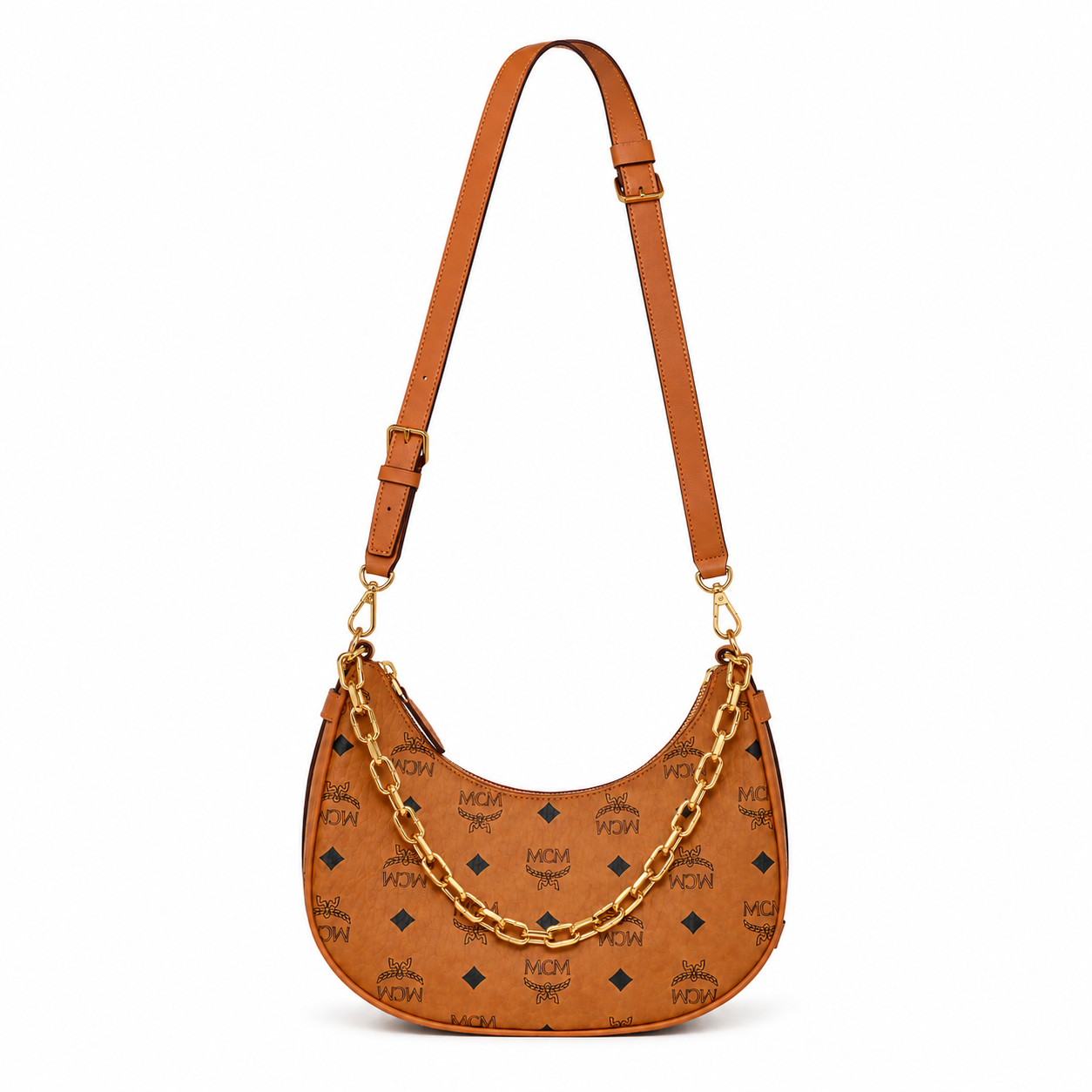 MCM Aren Visetos Crescent Bag – Cognac Monogram, Gold Chain Strap, Mini Hobo