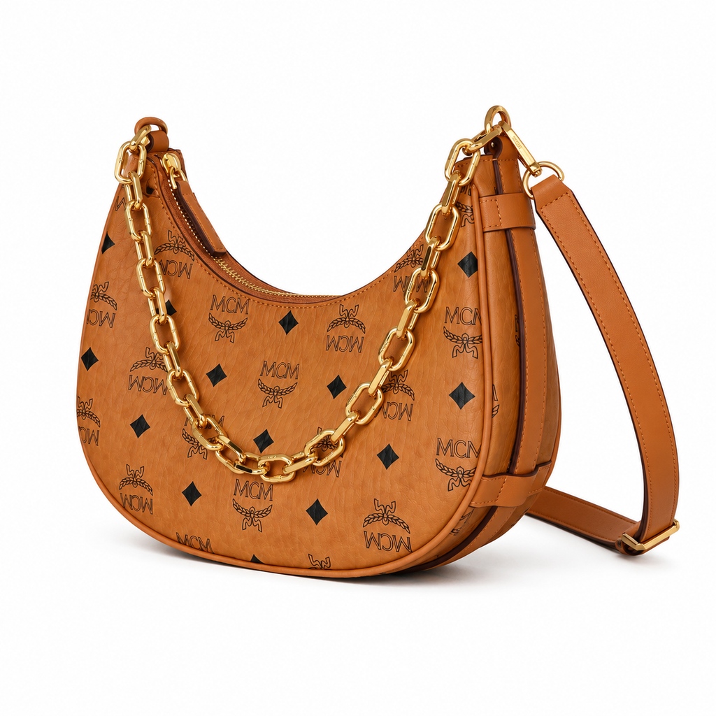 MCM Aren Visetos Crescent Bag – Cognac Monogram, Gold Chain Strap, Mini Hobo