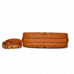 MCM Aren Visetos Crescent Bag – Cognac Monogram, Gold Chain Strap, Mini Hobo