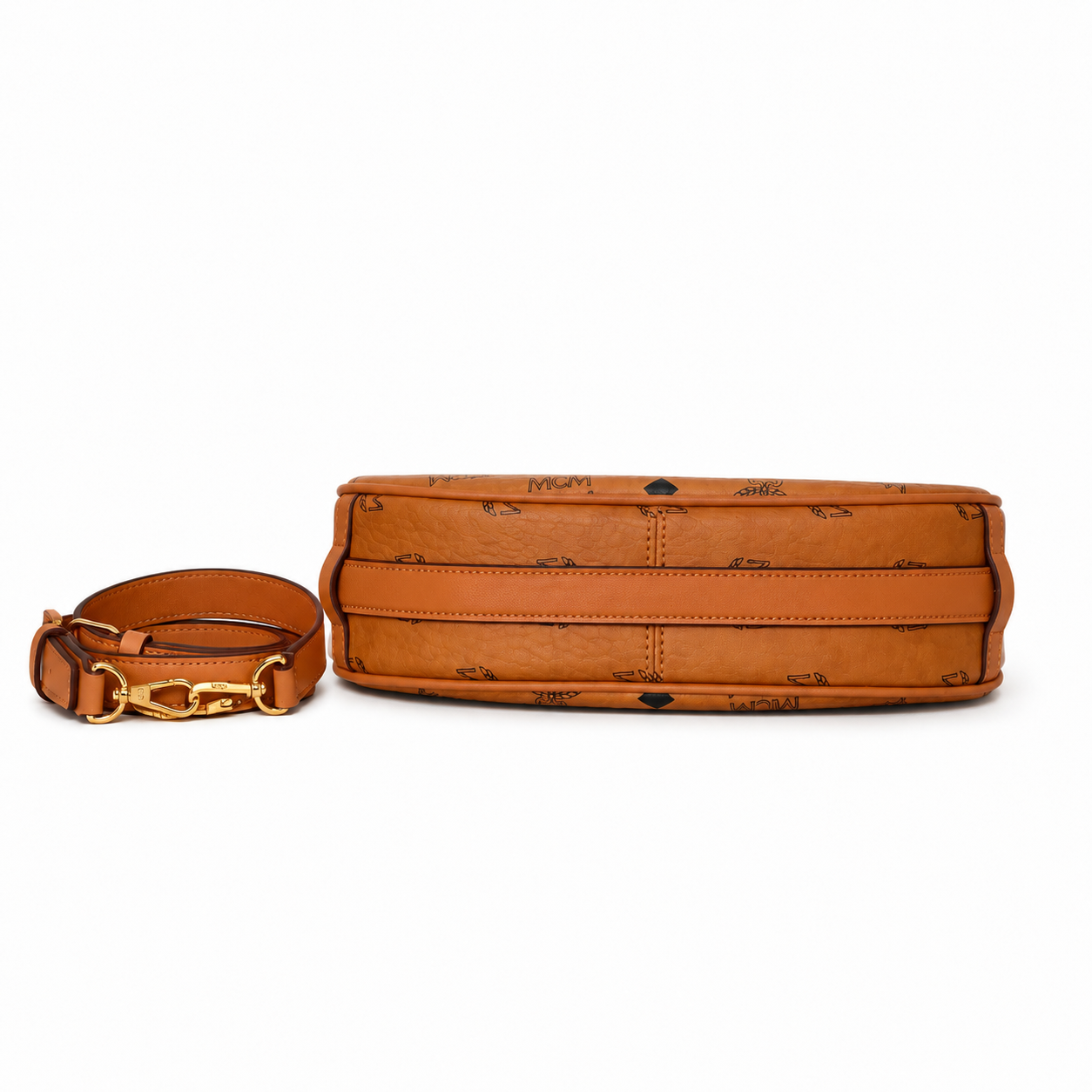 MCM Aren Visetos Crescent Bag – Cognac Monogram, Gold Chain Strap, Mini Hobo