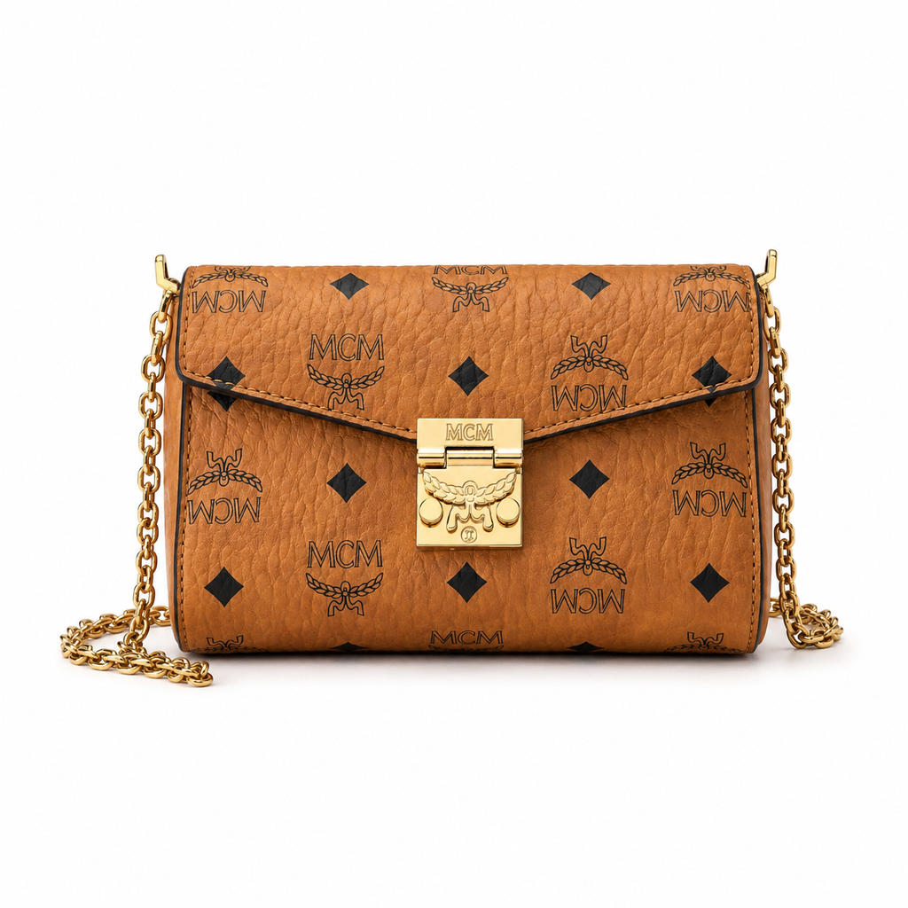 MCM Tracy Visetos Chain Envelope Bag – Cognac Monogram, Gold Lock, Mini Crossbody