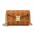 MCM Tracy Visetos Chain Envelope Bag – Cognac Monogram, Gold Lock, Mini Crossbody