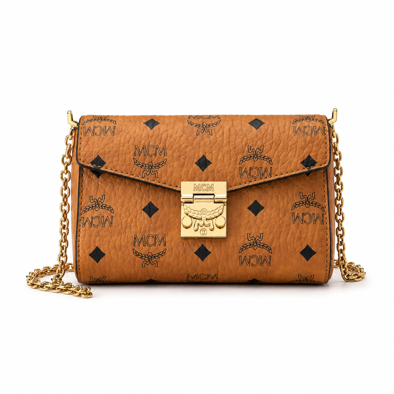 MCM Tracy Visetos Chain Envelope Bag – Cognac Monogram, Gold Lock, Mini Crossbody