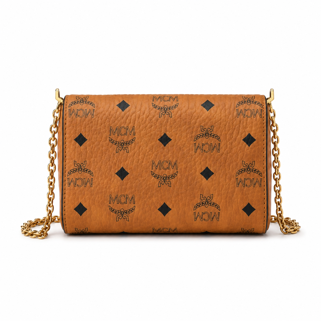 MCM Tracy Visetos Chain Envelope Bag – Cognac Monogram, Gold Lock, Mini Crossbody