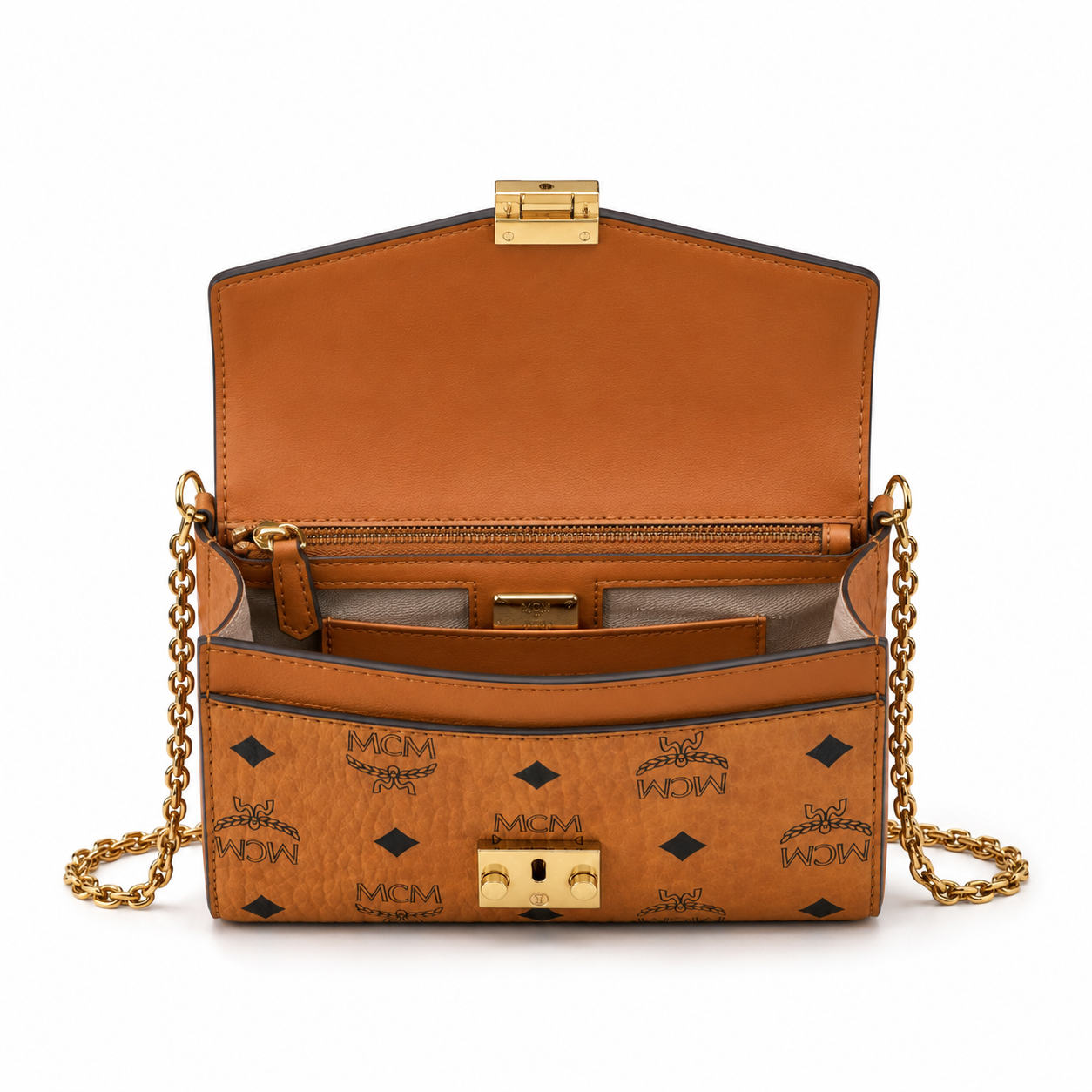 MCM Tracy Visetos Chain Envelope Bag – Cognac Monogram, Gold Lock, Mini Crossbody
