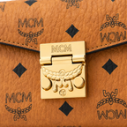 MCM Tracy Visetos Chain Envelope Bag – Cognac Monogram, Gold Lock, Mini Crossbody