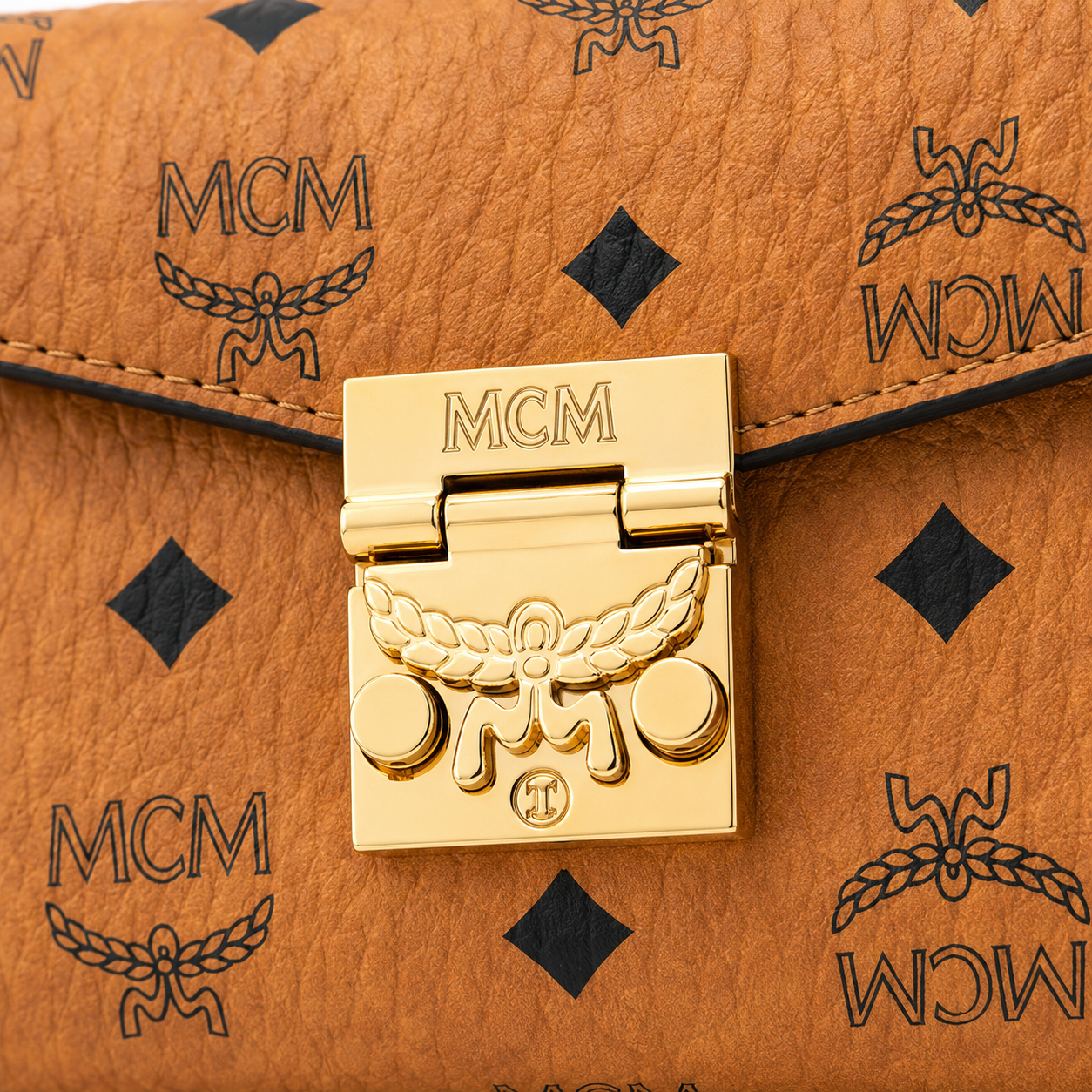 MCM Tracy Visetos Chain Envelope Bag – Cognac Monogram, Gold Lock, Mini Crossbody