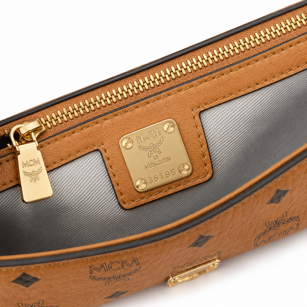 MCM Tracy Visetos Chain Envelope Bag – Cognac Monogram, Gold Lock, Mini Crossbody