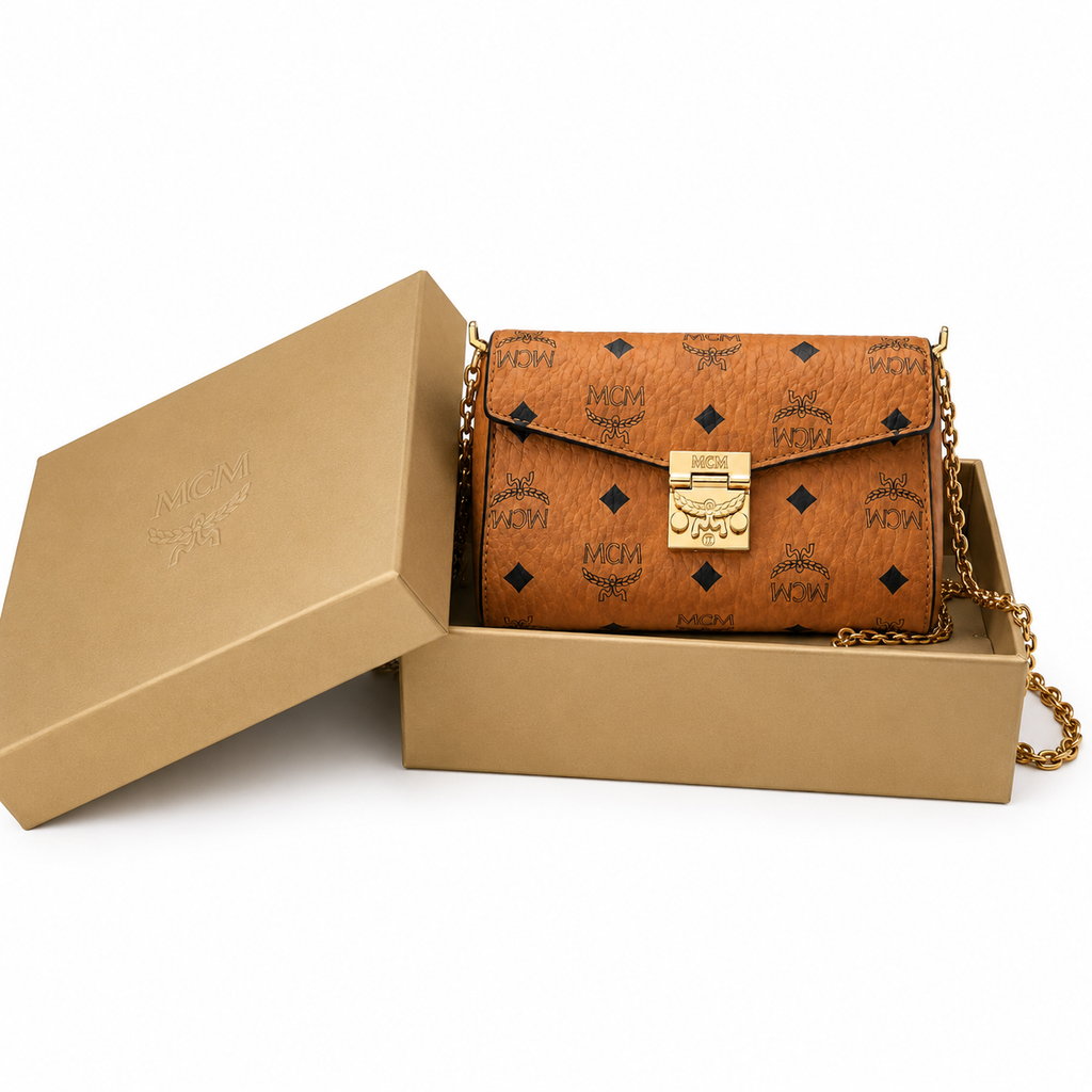 MCM Tracy Visetos Chain Envelope Bag – Cognac Monogram, Gold Lock, Mini Crossbody