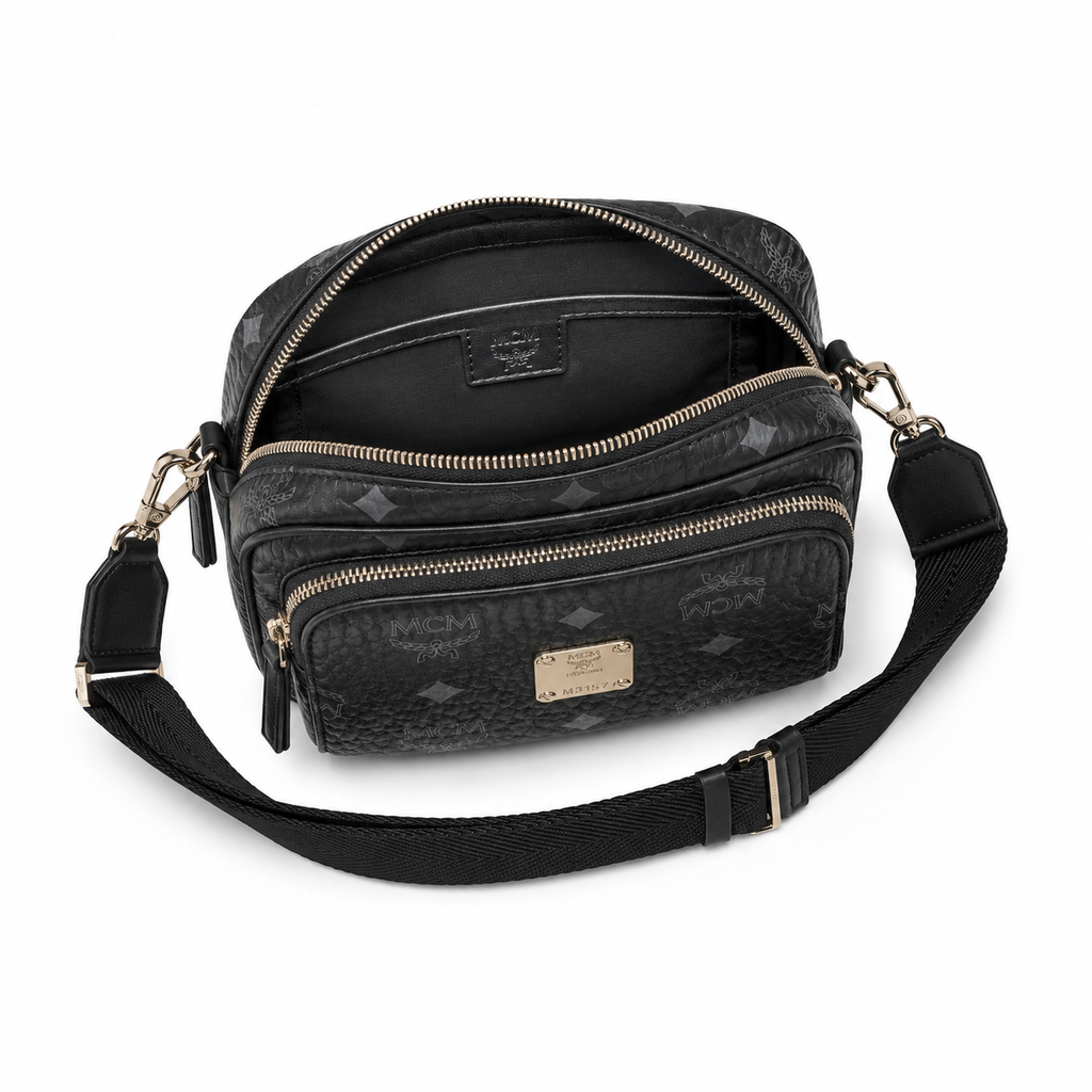 MCM Klassik Visetos Mini Camera Bag – Black Monogram, Adjustable Strap, Unisex Crossbody