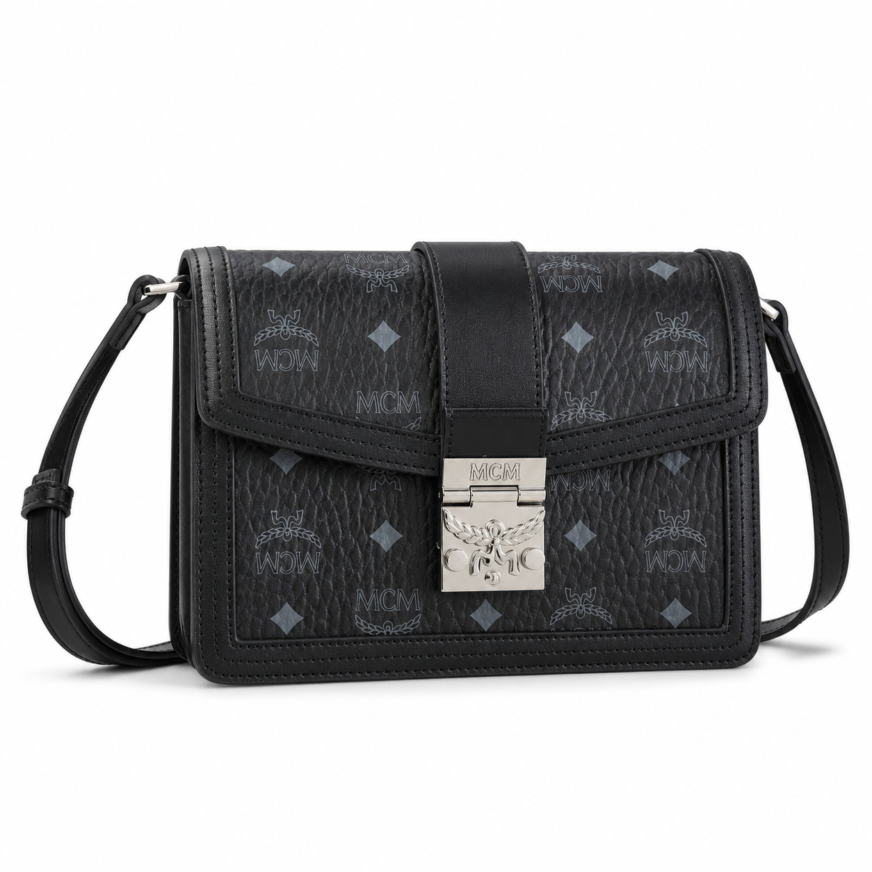 MCM Klassik Visetos Flap Crossbody Bag – Black Monogram, Silver Push-Lock, Small