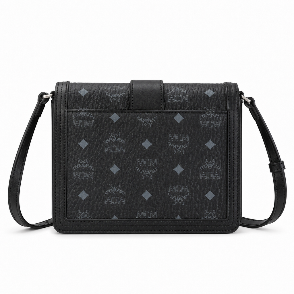 MCM Klassik Visetos Flap Crossbody Bag – Black Monogram, Silver Push-Lock, Small