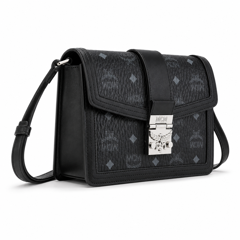MCM Klassik Visetos Flap Crossbody Bag – Black Monogram, Silver Push-Lock, Small