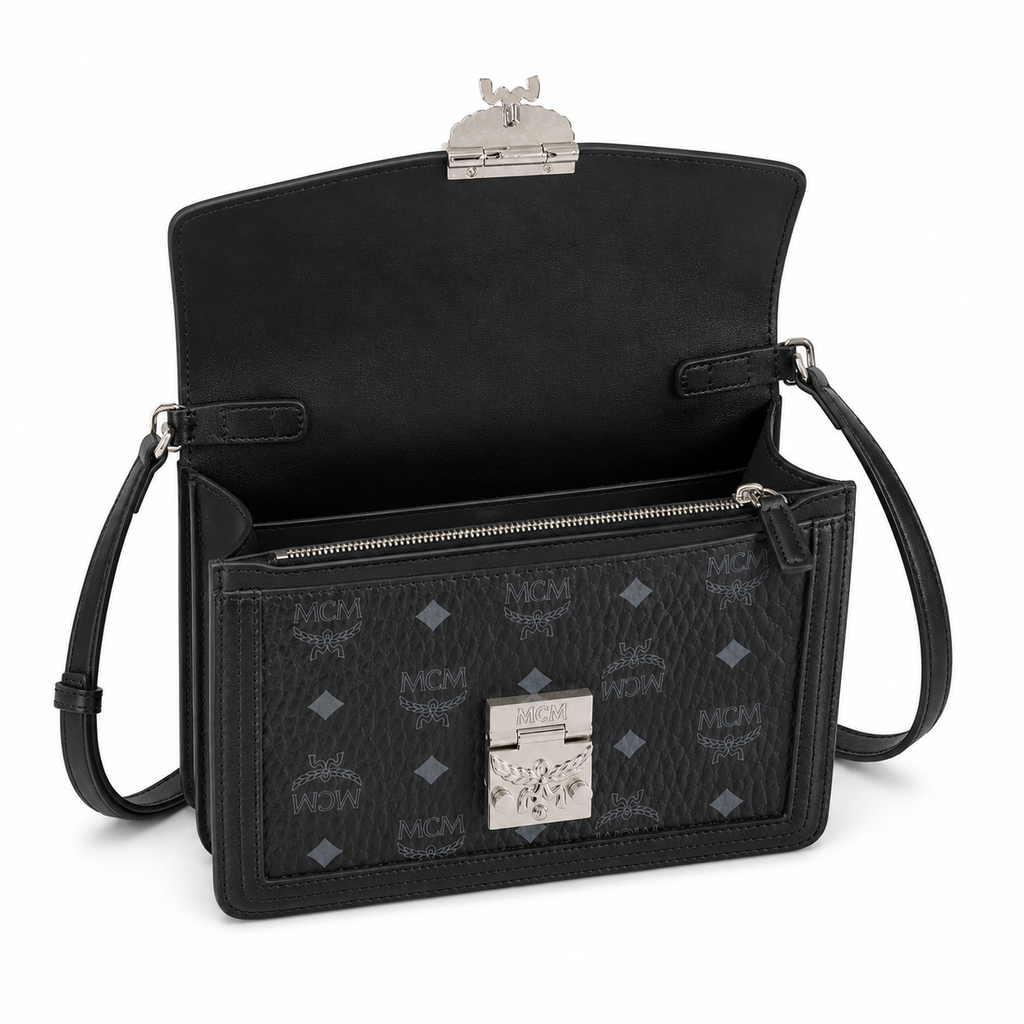 MCM Klassik Visetos Flap Crossbody Bag – Black Monogram, Silver Push-Lock, Small