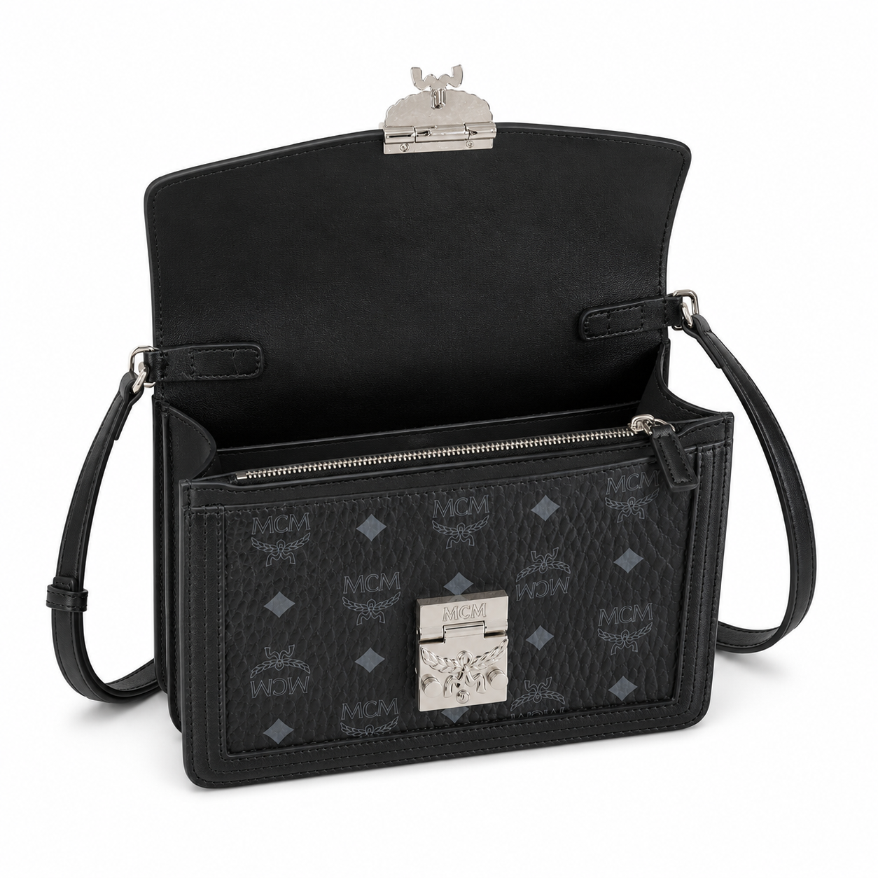 MCM Klassik Visetos Flap Crossbody Bag – Black Monogram, Silver Push-Lock, Small